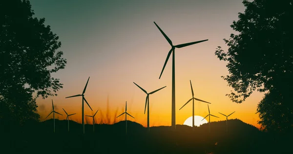 Windturbines Generatoren Van Elektriciteit Uit Wind Zonsondergang Renderen — Stockfoto