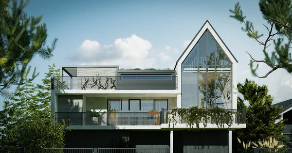 Casa Diseño Moderno Con Techos Altos Grandes Ventanas Render — Foto de Stock
