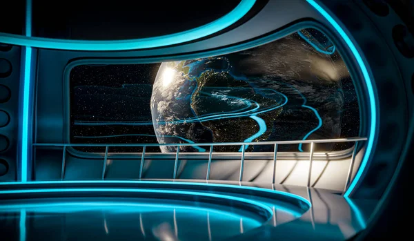Interior Spaceship View Window Planet Earth Commercial Space Travel Concept — Stock Photo, Image