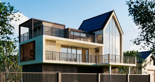 Casa Diseño Moderno Con Techos Altos Grandes Ventanas Render — Foto de Stock