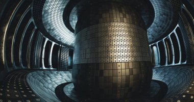 Füzyon reaktörü. Manyetik bobinli toroidal oda. Kontrollü bir termonükleer reaksiyon gerçekleştirmek için bir cihaz. 3d hazırlayıcı