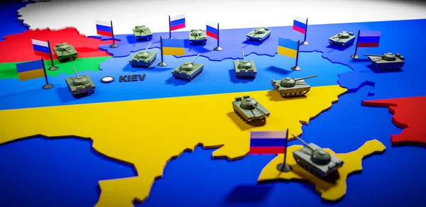 Escalation of the conflict on the border of Ukraine with Russia - concept of a 3d map with tanks deployed on both sides of the conflict - 3D render stonach konfliktu - 3d render