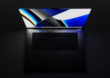 Cracow, Poland - May 23, 2022: 3d rendering of brand new MacBook Pro 16 inch with Apple M1 Max chip. Modern frame less Professional laptop by Apple.