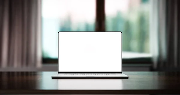 Laptop Mit Einem Leeren Rahmenlosen Bildschirm Auf Dem Tisch Renderer — Stockfoto