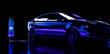 Elektrikli bir arabayı şarj cihazıyla şarj etmek, soyut neon ışıkla. Sürdürülebilir iklim görselleri - 3D görüntüleme