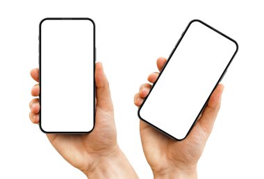 Mavi-pembe gradyan üzerinde elinde boş bir ekran olan çerçevesiz akıllı telefon