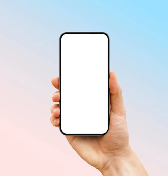 Frameless Smartphone Blank Screen Hand Blue Pink Gradient —  Fotos de Stock