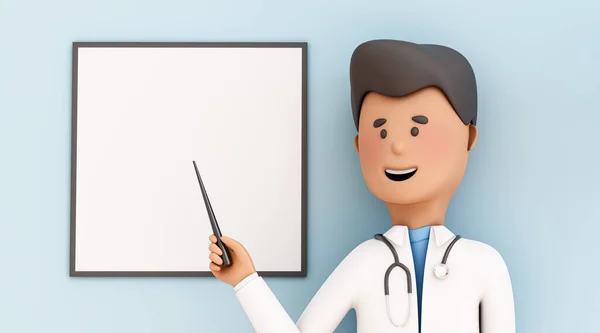 Cartoon doctor with a stethoscope points to an empty blackboard - 3d render