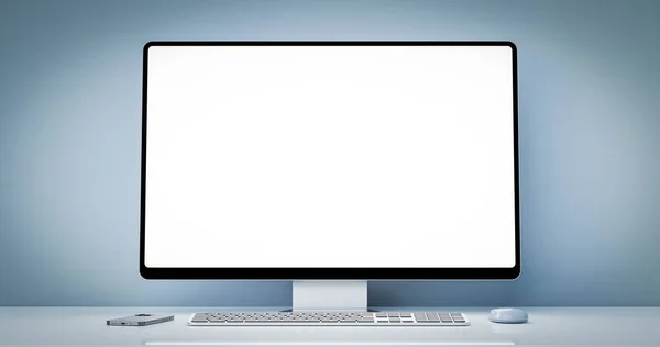 Computador Tudo Com Uma Frente Tela Branco Interior Escritório Branco — Fotografia de Stock