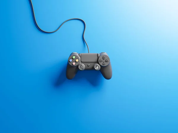 Gamepad Com Cor Preta Cabo Isolado Fundo Azul — Fotografia de Stock