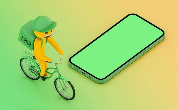 Cartoon bike food delivery man - template with smartphone with blank screen