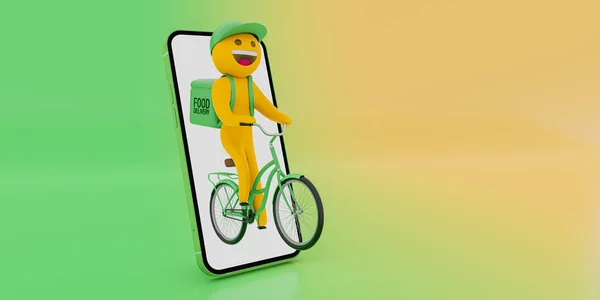 Cartoon bike food delivery man - template with smartphone with blank screen