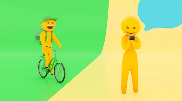 Cartoon bike food delivery man - template with person ordering food through apps on your phone