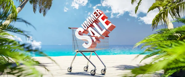 The inscription summer sale on a tropical beach in a shopping cart - summer sale promotional image - 3d render