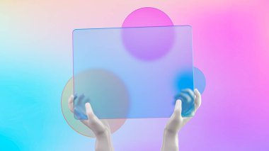 Cam tableti yatay pozisyonda tutan plastik eller - cam morfizm biçiminde soyut 3D görüntüleme