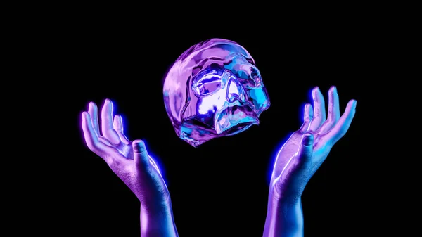 An abstract glass skull levitates between metallic hands - 3d render, black background