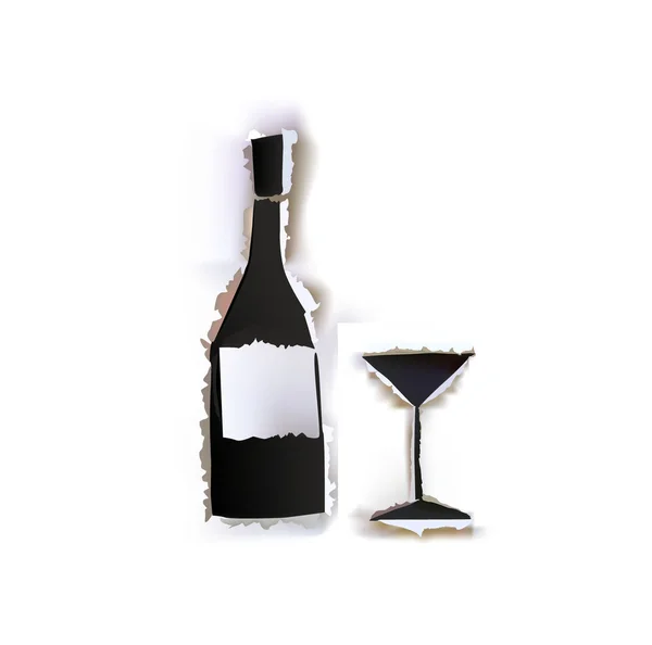 Bouteille de vin et verre Collection de papier déchiré — Image vectorielle