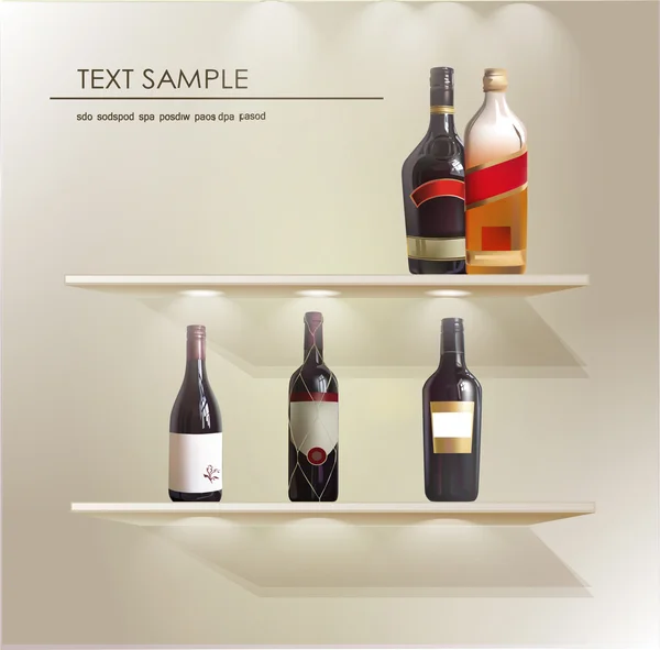 Estantes con luz de la parte superior y botellas de vino para promoción — Archivo Imágenes Vectoriales