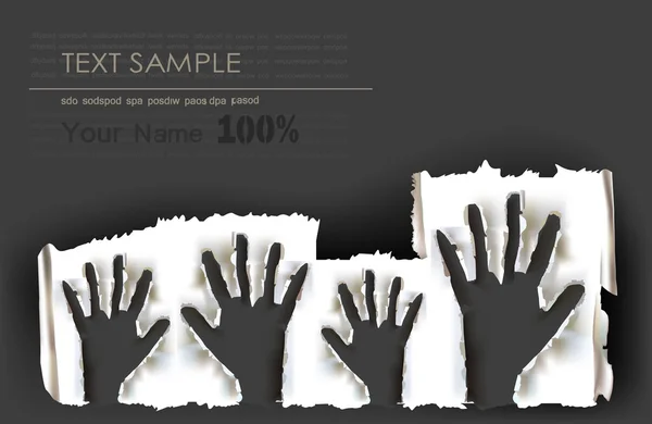 Joyeuses mains levantes, papier déchiré fond de conception — Image vectorielle