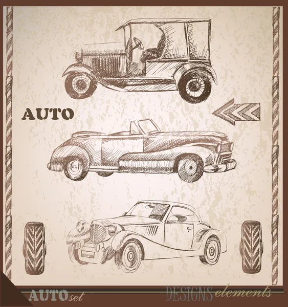 Conjunto de coches retro, elementos de diseño de viaje de colección, dibujo a mano — Vector de stock