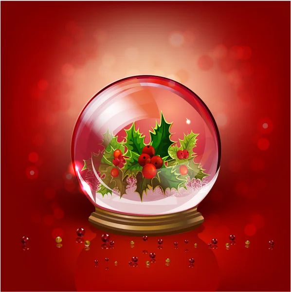 Sfondo natalizio con palla di vetro (palla di neve) e agrifoglio — Vettoriale Stock