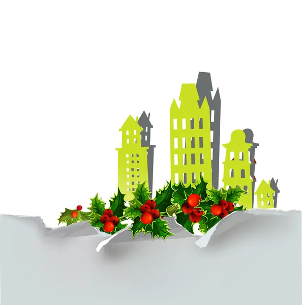 Christmas city background with holly — Stock Vector