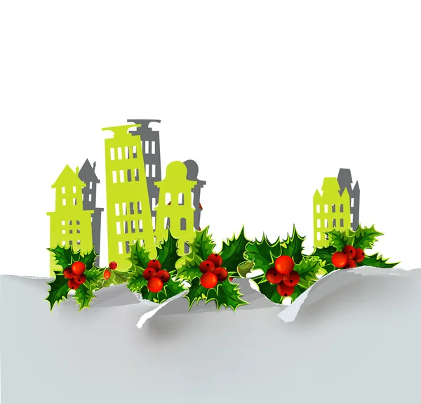 Weihnachten Stadt Hintergrund mit Stechpalme — Stockvektor