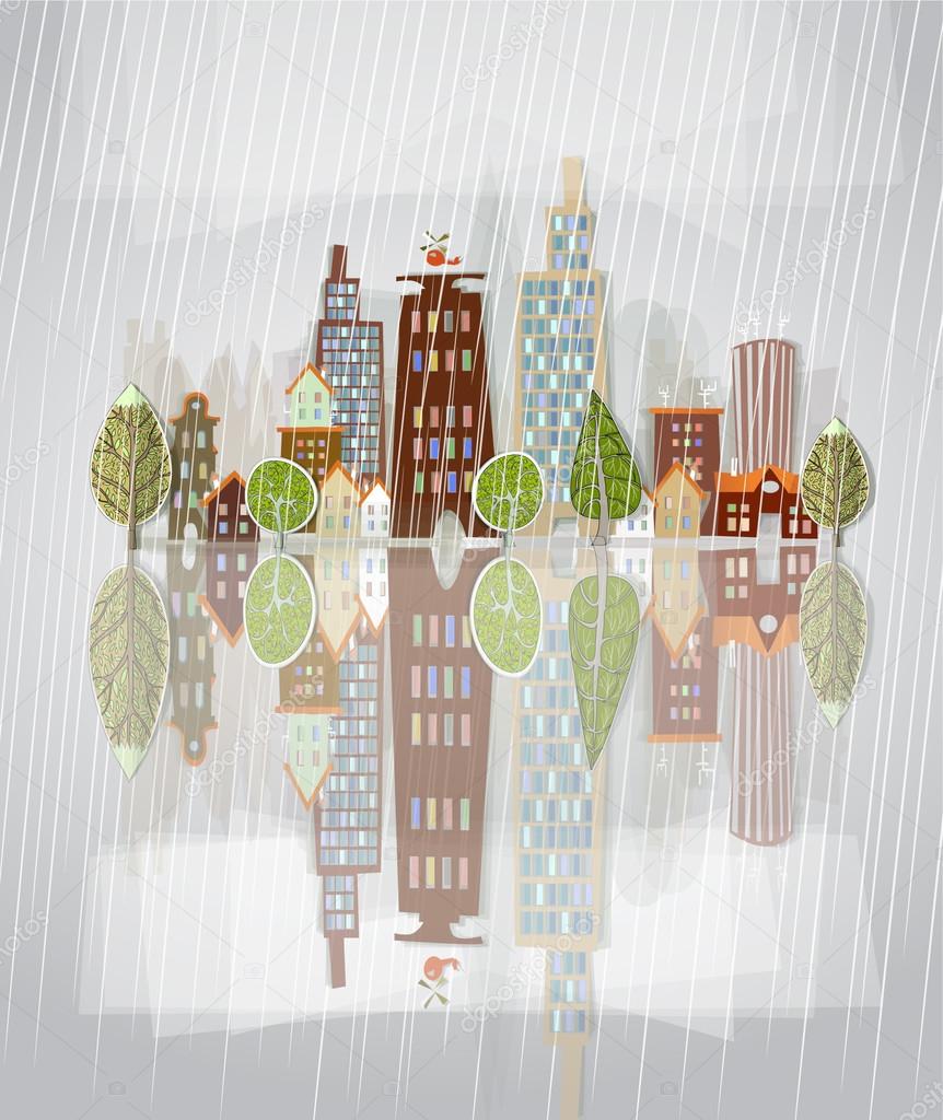 Raining city, paper stickers background