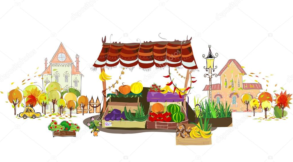 Fruit and Veg shop on the city street — Stock Vector © irstone 38409245