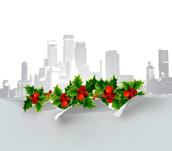 Christmas city background with holly — Stock Vector