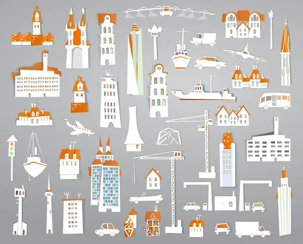 Colección de ciudades blancas Adhesivo conjunto de edificios, transporte e infraestructura iconos — Vector de stock