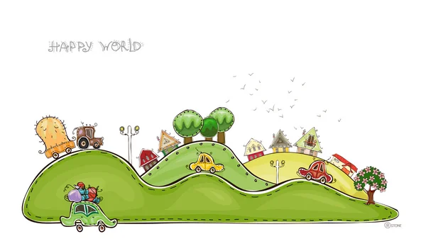 Voitures et bus sur les collines Collection "Happy world" — Image vectorielle