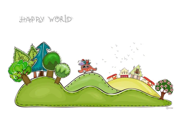 Voitures et bus sur les collines Collection "Happy world" — Image vectorielle