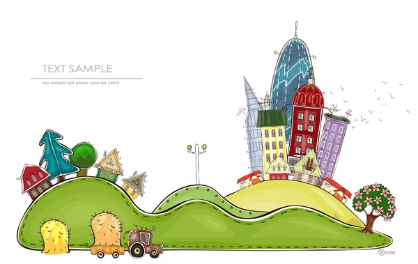 Illustrazione della città e del villaggio, collezione "Happy world" — Vettoriale Stock