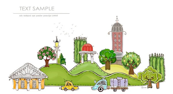 Vue sur la ville, rue de la ville avec arbres et voitures, collection "Happy world" — Image vectorielle