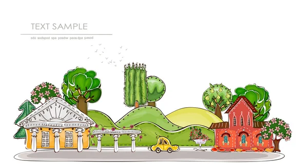 Вид на город, улица с деревьями и автомобилями, коллекция "Счастливый мир" — стоковый вектор