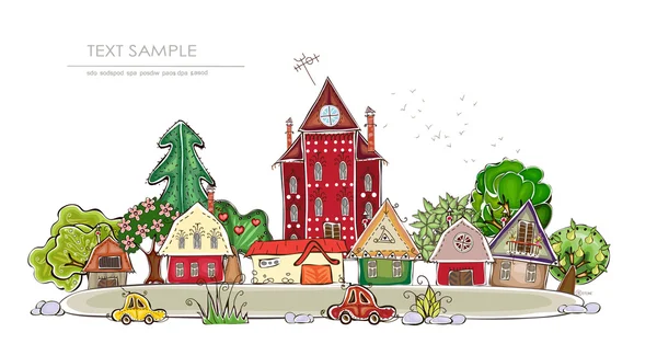 Ilustración de ciudad y pueblo, colección "Mundo feliz" — Vector de stock