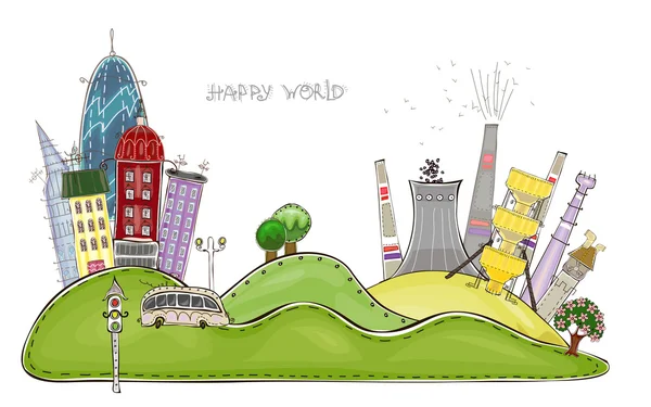 Strada cittadina con bellissimo parco collezione "Happy world" — Vettoriale Stock