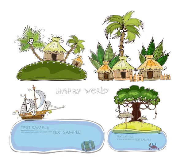 Papradise island, Jungle village Fondo de viaje Colección "Happy world" — Vector de stock