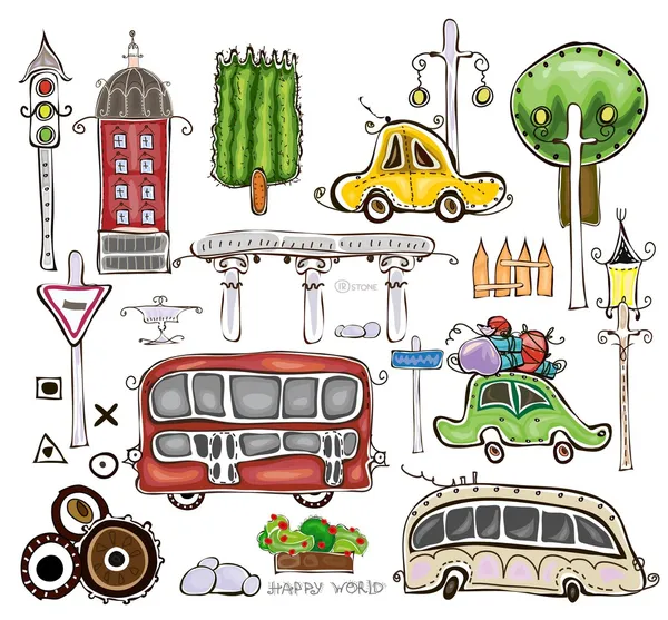 Set of cars and road symbols Happy world collection — Stock Vector