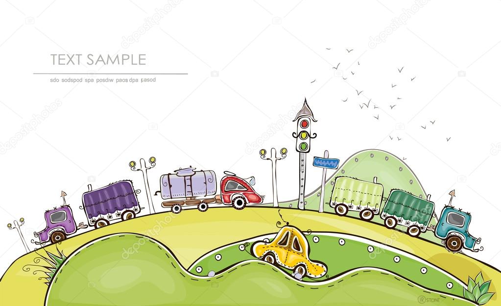 Traffic on the cities road, green hills and happy environment