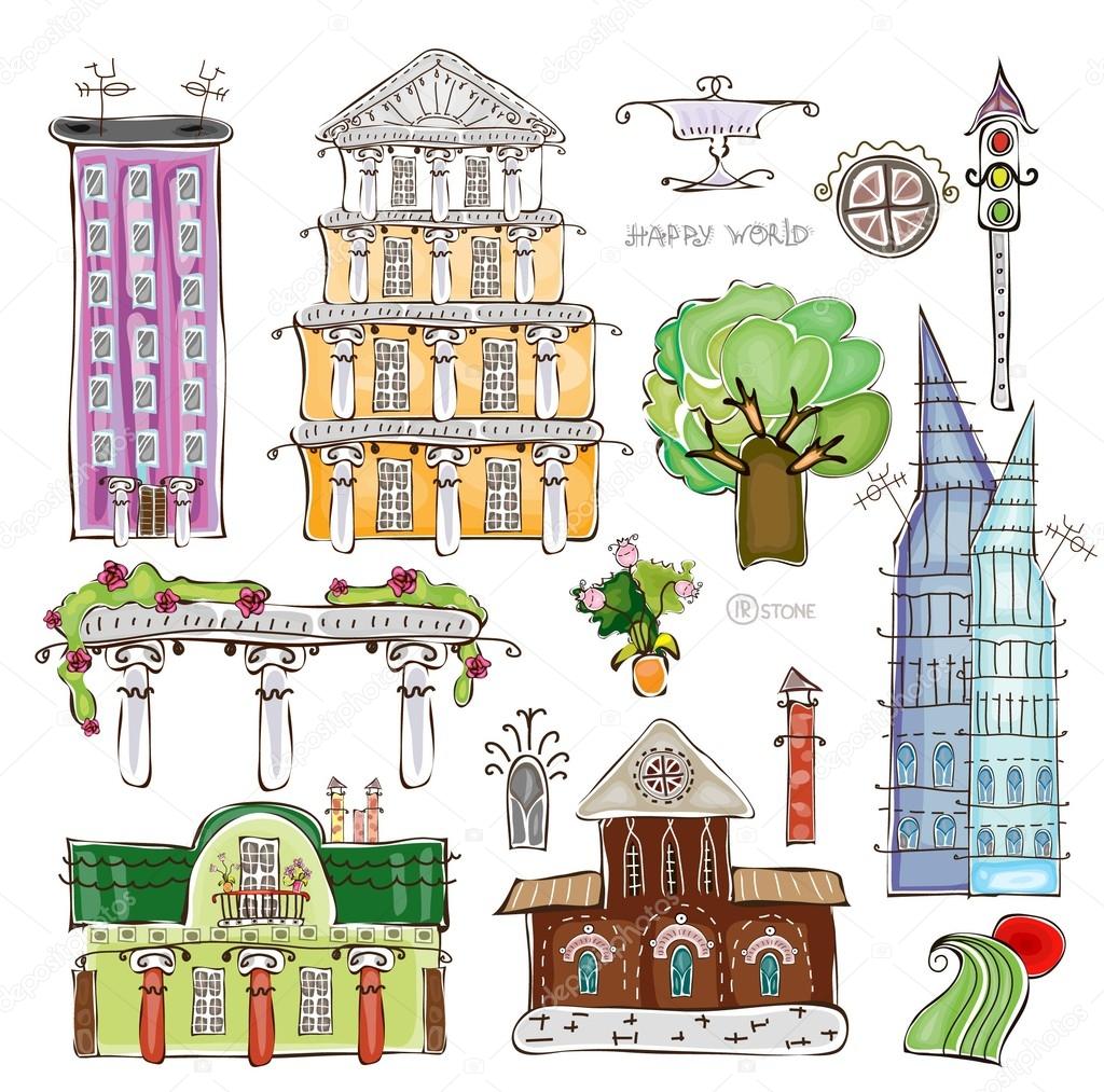 City buildings and elements set, Happy world collection