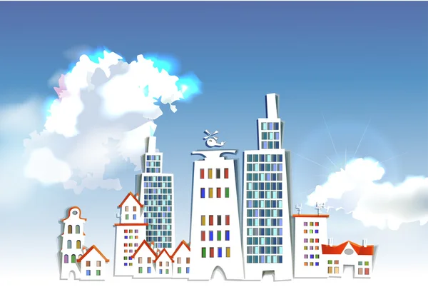 Weiße Stadt aus Papieraufklebern auf dem realistischen Himmelshintergrund — Stockvektor