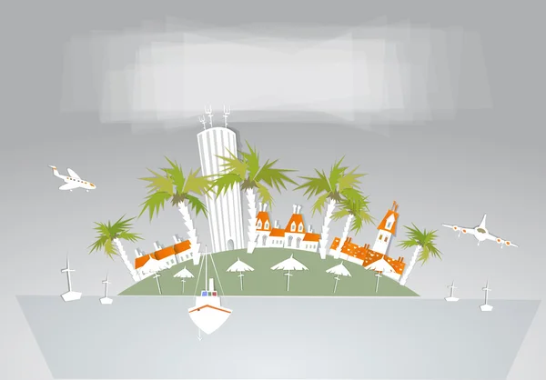 Παραδεισένιο νησί και πολυτελή παραλία ξενοδοχείο συλλογή «Λευκιά πόλη» εικονογράφηση — Διανυσματικό Αρχείο