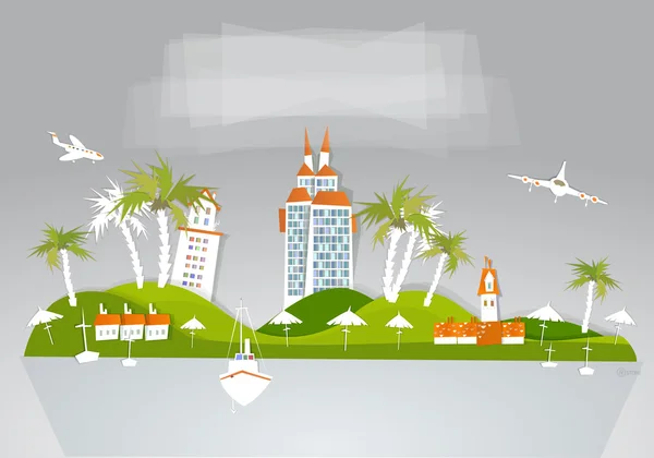 Остров Парадизе и роскошный пляжный отель иллюстрация коллекции "Белый город" — стоковый вектор