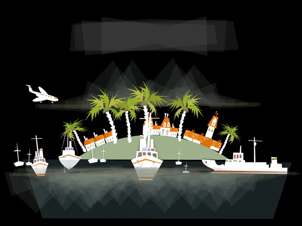 Port ilustrasi, kota di pulau, "Kota Putih" koleksi - Stok Vektor