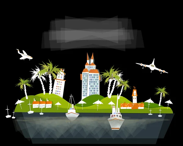 Ilustración de puerto, ciudad en isla, colección "White city" — Vector de stock