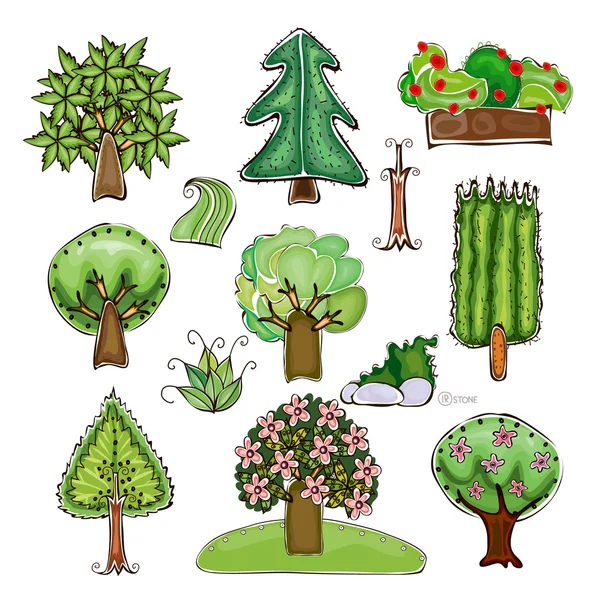 Set of trees and street design elements "Happy world" collection — Stock Vector