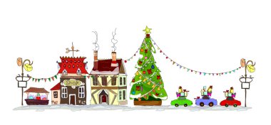 Yılbaşı eğlence, insanlar ve çocuklar kar, şehir koleksiyonu ile ödeme