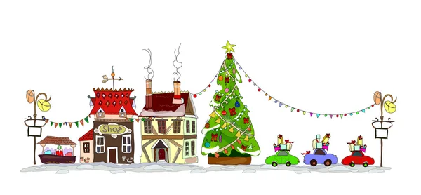 Kerstmis fun, mensen en kinderen betalen met sneeuw, city collectie — Stockvector